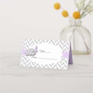Purple & Grey Elephant Baby Shower   Doubled-Sided Place Card