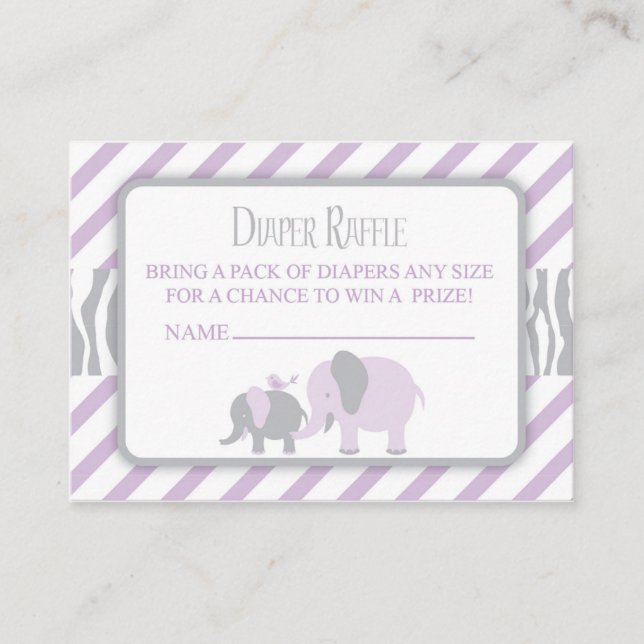 Purple & Grey Elephant Diaper Raffle Ticket Enclosure Card (Front)