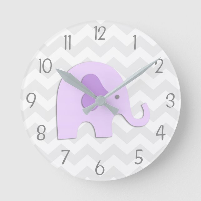 Purple Grey Elephant Nursery Wall Clock (Front)