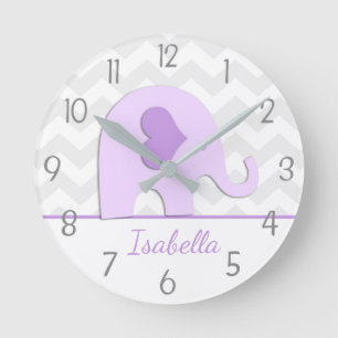 Purple Grey Elephant Nursery Wall Clock