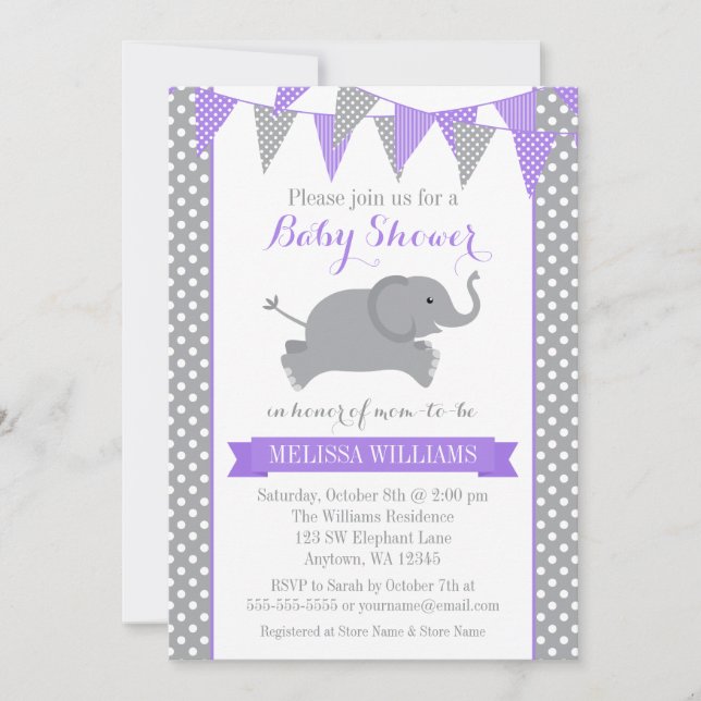Purple Grey Elephant Polka Dot Bunting Baby Shower Invitation (Front)