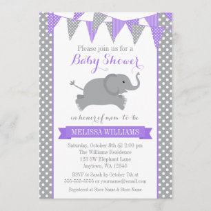 Purple Grey Elephant Polka Dot Bunting Baby Shower Invitation