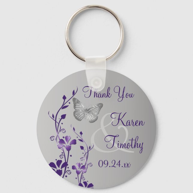 Purple, Grey Floral Butterflies Wedding Favour Keychain (Front)