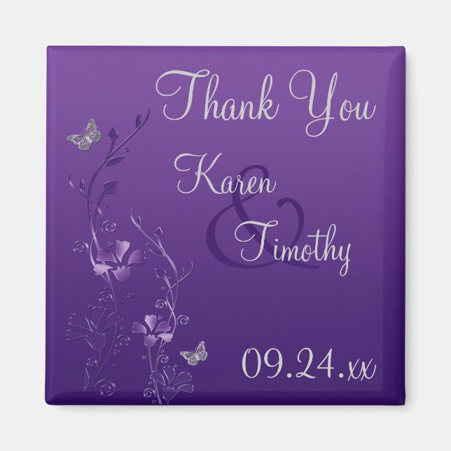 Purple Grey Floral Butterfly Wedding Favour Magnet (Front)
