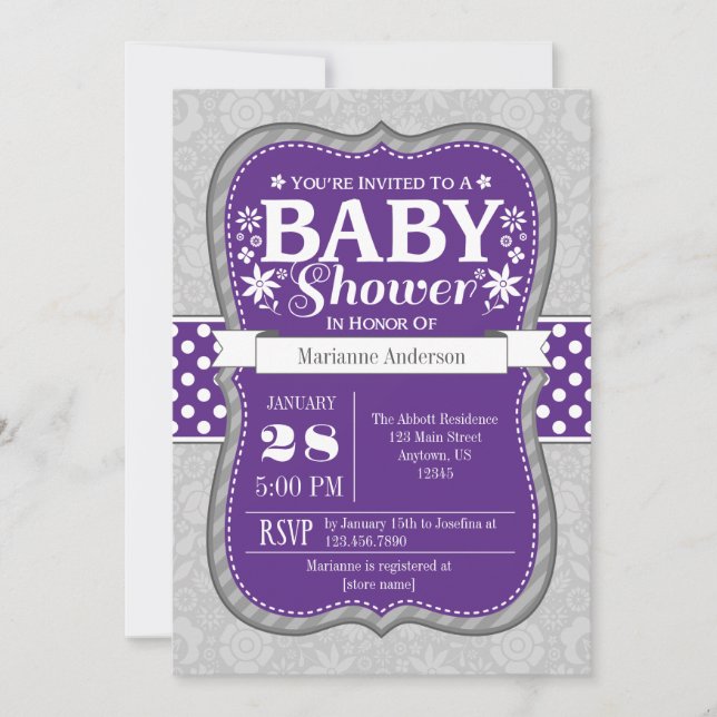 Purple Grey Floral Flower Baby Shower Invitation (Front)