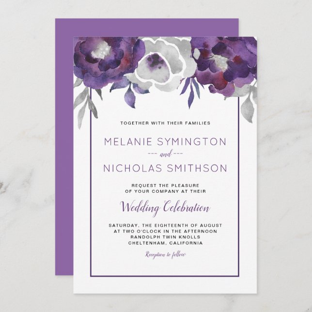 Purple Grey Floral wedding celebration invitations (Front/Back)