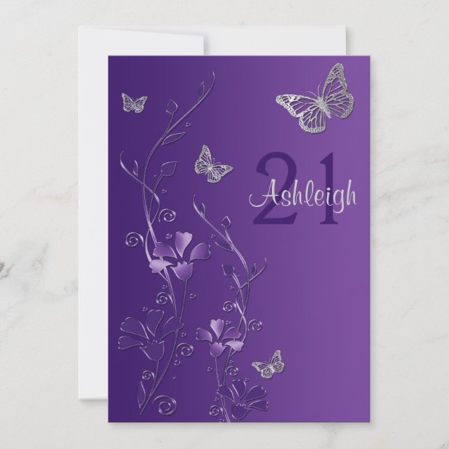 Purple, Grey Flowers & Butterflies 21st Invitation (Front)