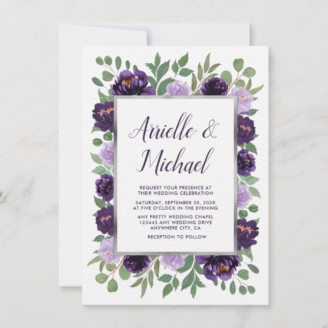 Purple Grey Garden Green Plum Wedding Invitations (Devant)
