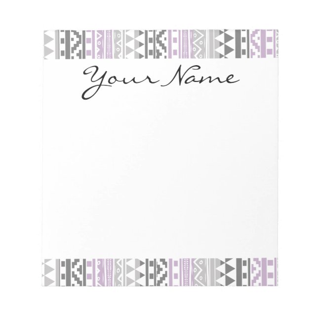 Purple Grey Geometric Aztec Tribal Print Pattern Notepad (Front)