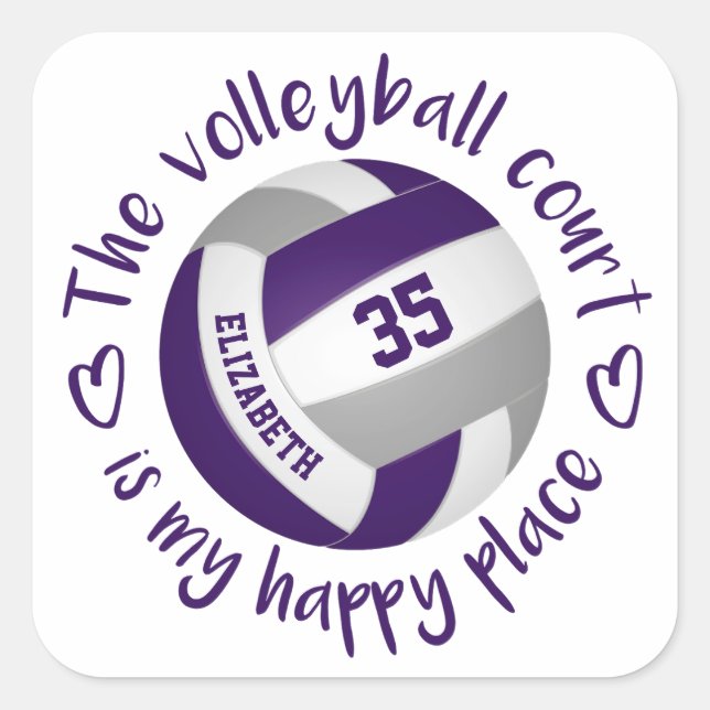 purple grey girls volleyball court my happy place square sticker (Front)