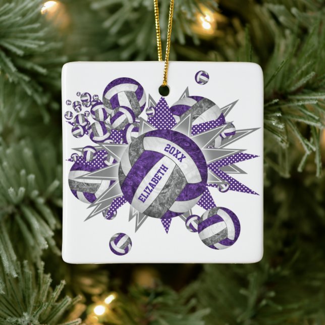 purple grey girly volleyball blowout sports ceramic ornament (Tree)