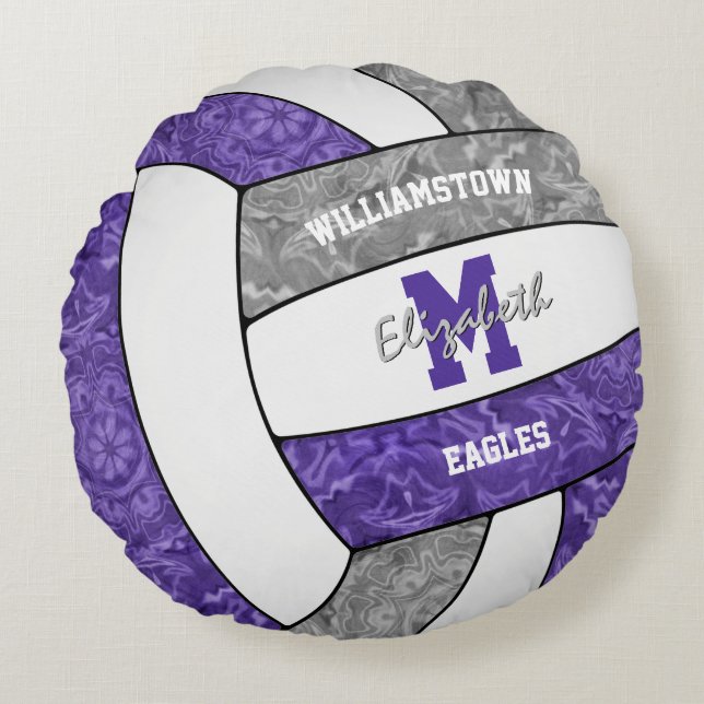 Purple grey girly volleyball team colours round pillow (Front)
