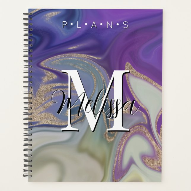 Purple Grey Gold Modern Monogram Abstract Planner (Front)