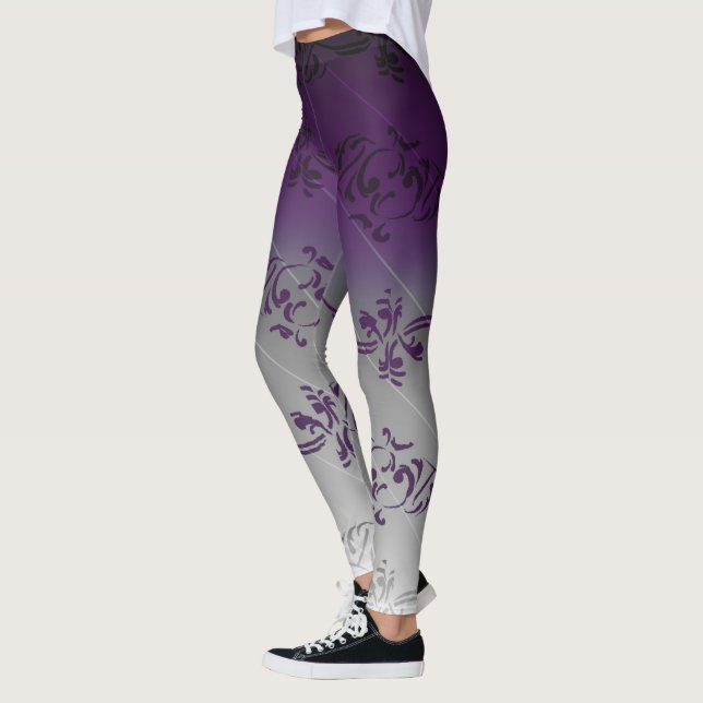 Purple Grey Gradient Striped Floral Leaf Pattern Leggings (Left)