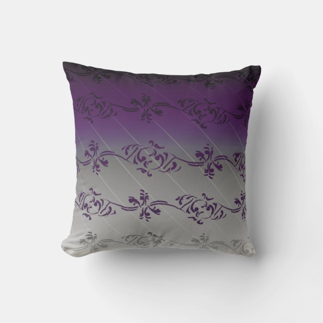 Purple Grey Gradient Striped Floral Leaf Pattern Throw Pillow (Front)