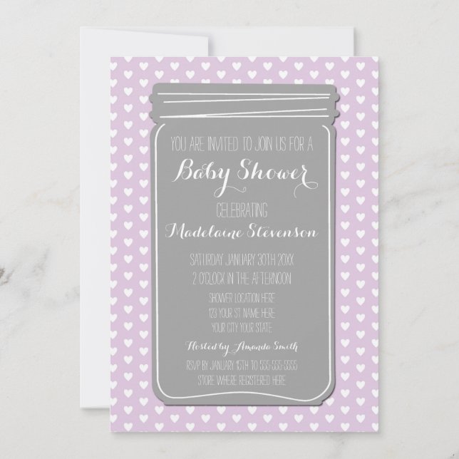 Purple Grey Heart Mason Jar Baby Shower Invitation (Back)