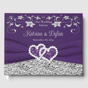Purple, Grey Love Hearts Wedding Guest Book