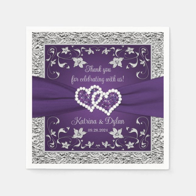 Purple, Grey Love Hearts Wedding Napkin (Front)