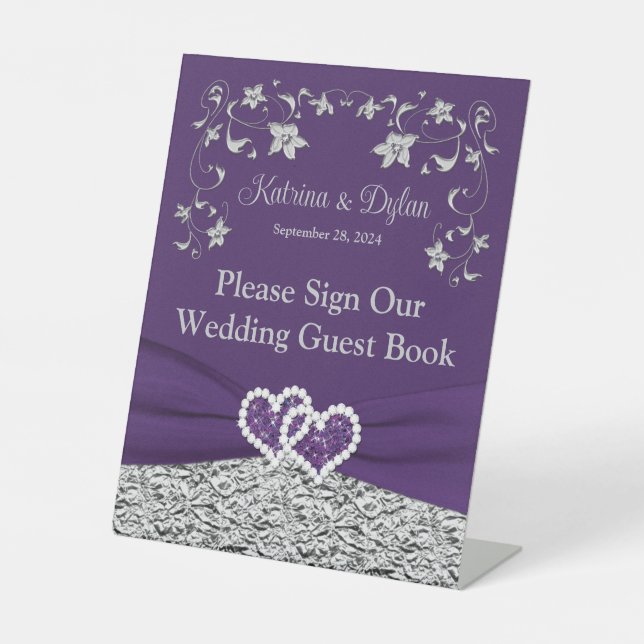 Purple, Grey Love Hearts Wedding Pedestal Sign (Front)