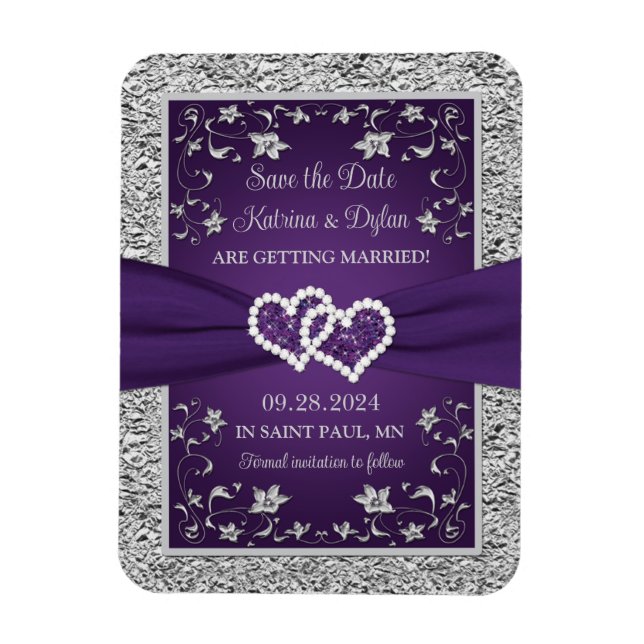 Purple, Grey Love Hearts Wedding Save the Date Magnet (Vertical)