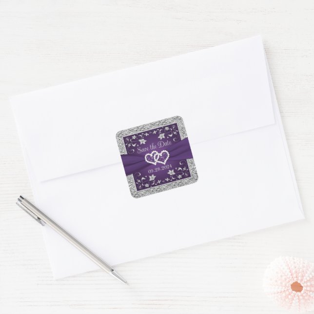 Purple, Grey Love Hearts Wedding Save the Date Square Sticker (Envelope)