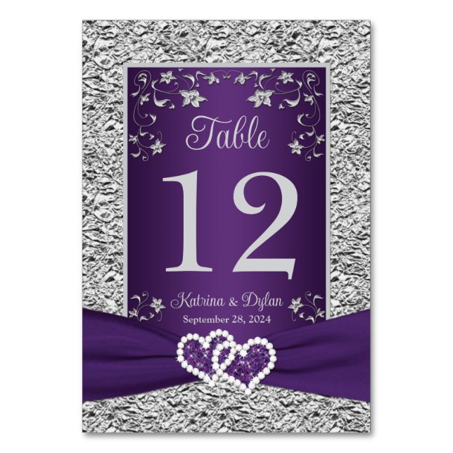 Purple, Grey Love Hearts Wedding Table Number Card (Front)