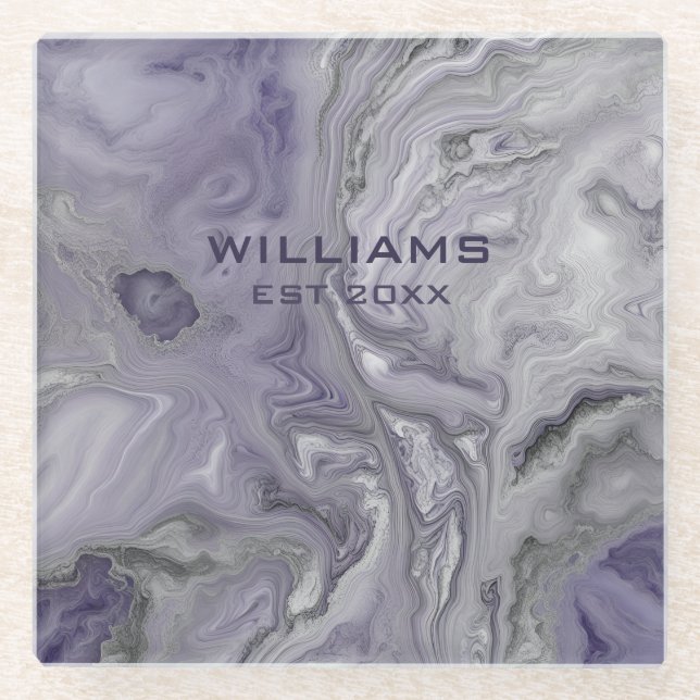 Purple Grey Marble Texture Personalized Glass Coaster (Front)