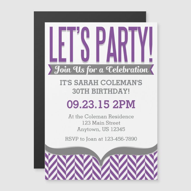 Purple Grey Moderne Magnétique Invitations d'anniv (Devant / Derrière)
