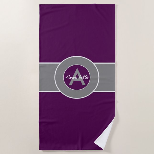 Purple Grey Monogram Personalized Beach Towel (Front)