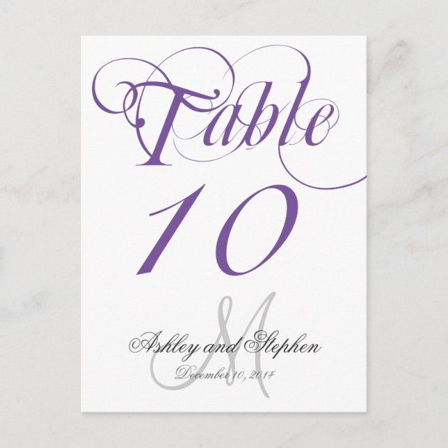 Purple Grey Monogram Wedding Table Number Card (Front)
