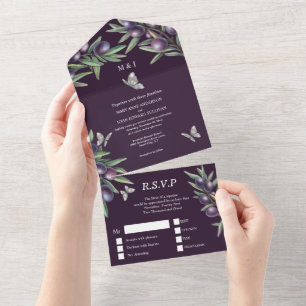 Purple grey olive butterfly glam wedding all in one invitation