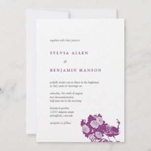 Purple grey peacock garden chic wedding invitation