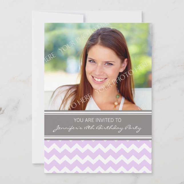 Purple Grey Photo 18th Birthday Party Invitations (Front)