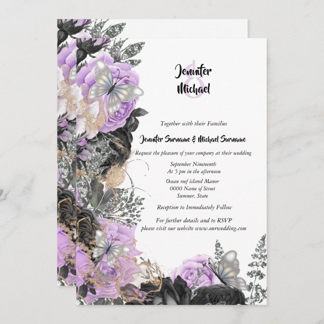 Purple grey rose butterfly chic elegant wedding invitation (Front/Back)