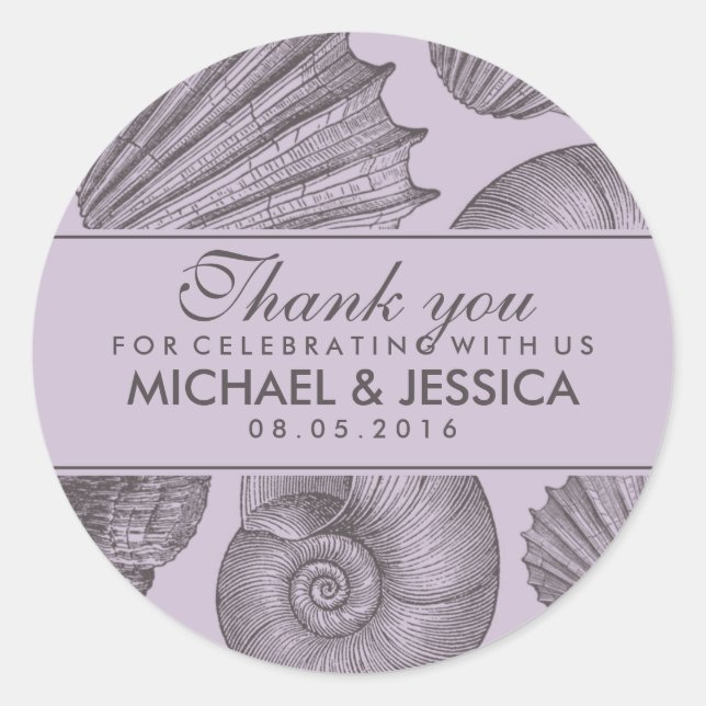 Purple Grey Seashell Wedding Favour Sticker Label (Front)