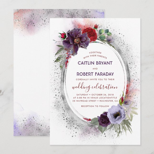 Purple Grey Silver Watercolor Peony Fall Wedding Invitation (Front/Back)