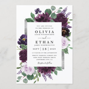 Purple Grey Silver Watercolor Peony Fall Wedding Invitation