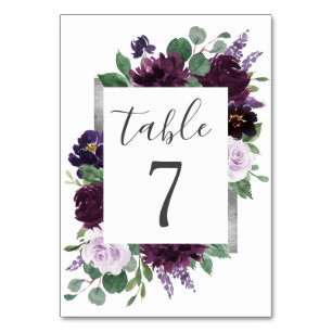Purple Grey Silver Watercolor Peony Fall Wedding Table Number