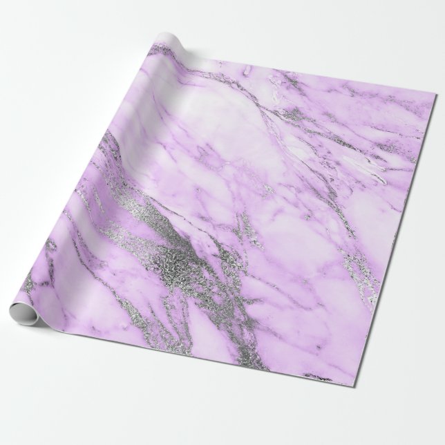 Purple Grey Silver White Marble Shiny Glam Wrapping Paper (Unrolled)