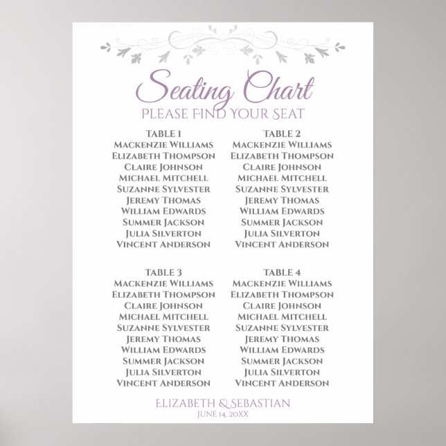Purple & Grey Simple 4 Table Wedding Seating Chart (Front)