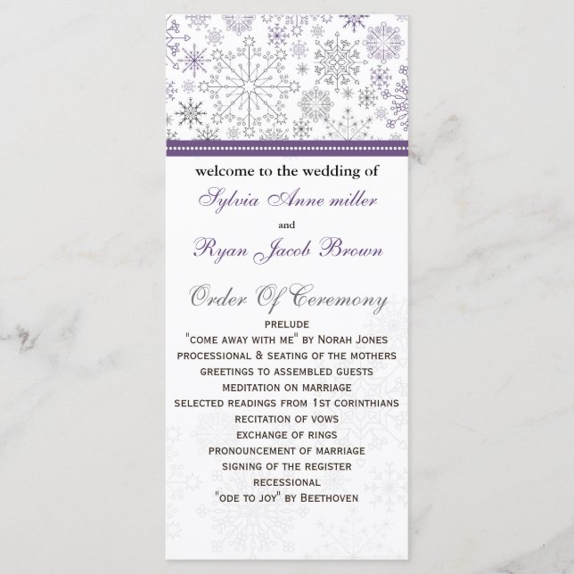 purple grey snowflake mod winter Wedding program (Front)