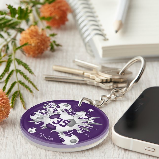 Purple grey soccer ball blowout athlete name  keychain (Front Right)