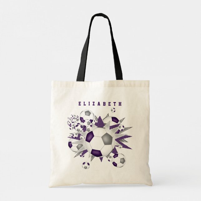 purple grey soccer ball blowout girls name tote bag (Back)