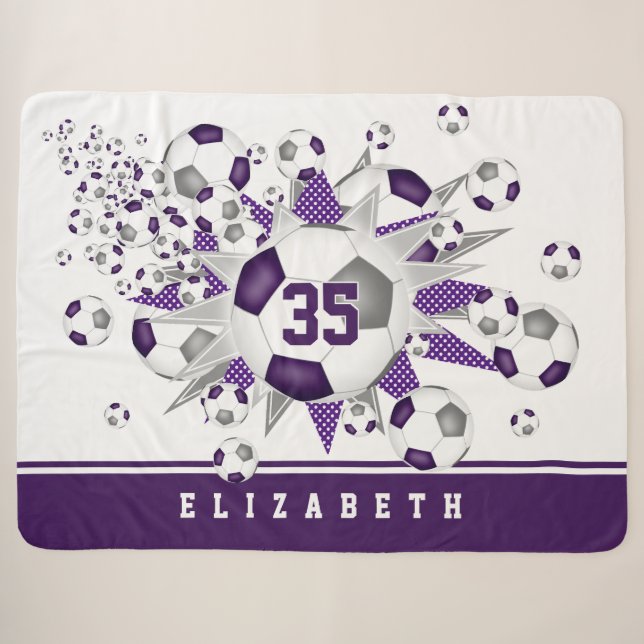 purple grey soccer balls stars girls sports room sherpa blanket (Front (Horizontal))
