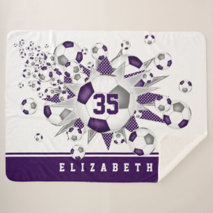 purple grey soccer balls stars girls sports room sherpa blanket