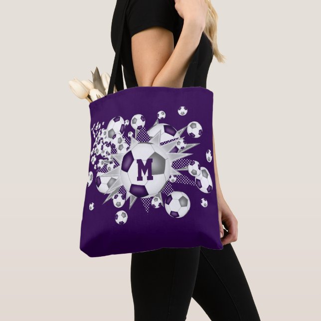 Purple grey soccer balls stars monogrammed tote bag (Close Up)