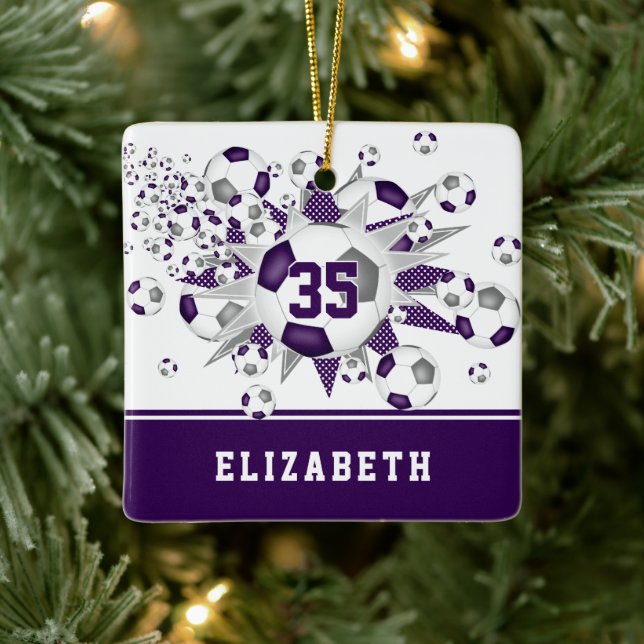 Purple grey soccer balls stars personalized  ceramic ornament (Tree)