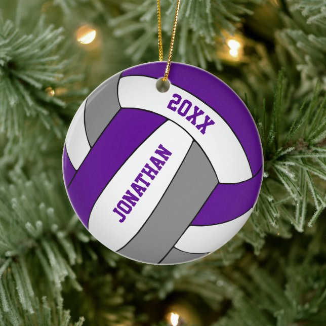 purple grey sports team colours boys volleyball ceramic ornament (Tree)