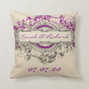 Purple Grey Tan Vintage Floral Wedding Sweetheart Throw Pillow