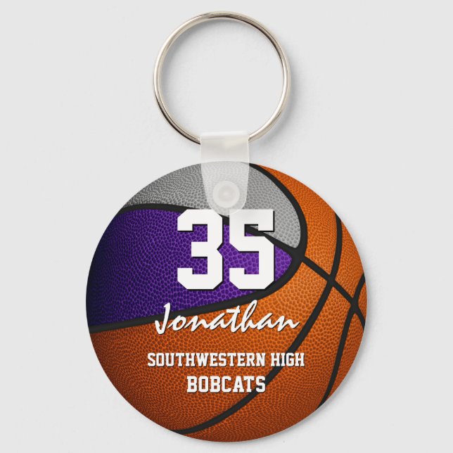 Purple grey team colours boys girls basketball keychain (Front)